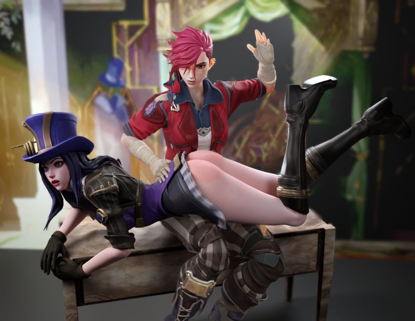 2girls 3d arcane arcane_caitlyn arcane_vi ass bare_ass blender blue_hair caitlyn_kiramman canon_couple discipline dominant_female female femdom kinkblink league_of_legends naughty punishment red_hair riot_games slapping_butt spank_marks spanked_butt spanking steampunk submissive vi video_games yuri