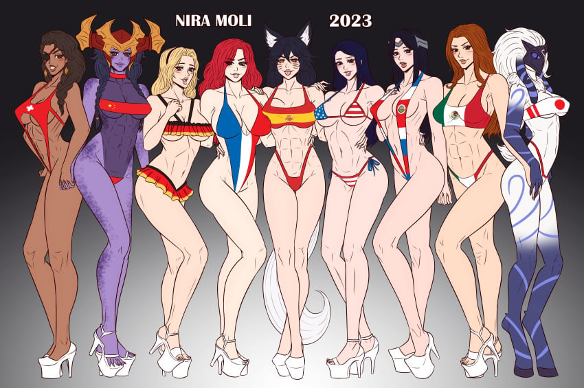 6+girls 9girls abs ahri american_flag_bikini bikini bikini_bottom bikini_competition bikini_top blonde_hair caitlyn_kiramman china contest dark-skinned_female dark_skin dragon_girl fitness flag flag_bikini flag_print fox fox_ears fox_tail furry gesture group heels high_heels irelia_xan japanese kindred kumiho league_of_legends legs leona_(league_of_legends) luxanna_crownguard mask mexican micro_bikini miss_fortune modeling multiple_girls muscle_girl muscles nasty national_personification nine_tailed_fox niramoli platform_heels pose red_hair samira_(league_of_legends) sex shyvana sling_bikini smile smiley_face spain swimsuit tongue tongue_out