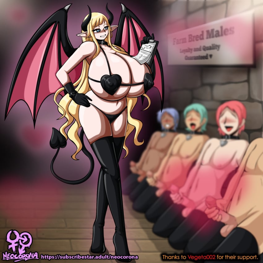 breasts_bigger_than_head demon_girl demon_horns demon_wings eltey_farrafahst_(vegeta002) faceless_male female female_rapist femdom inspection male_livestock male_rape_victim malesub multiple_boys multiple_subs neocorona original_character restrained sharp_teeth slave someone_else's_oc succubus tagme