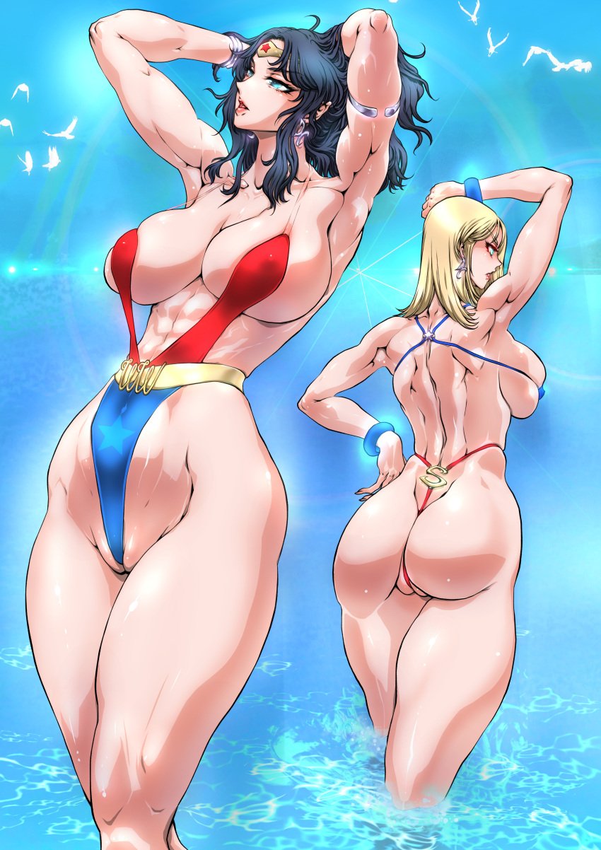 2girls abs aqua_eyes ass athletic_female black_hair blonde_hair dc dc_comics diana_prince female female_only fit_female huge_breasts kara_zor-el kryptonian large_breasts long_hair micro_bikini muscular_back standing_in_water supergirl superman_(series) tiara voluptuous wonder_woman wonder_woman_(series) yuri-ai