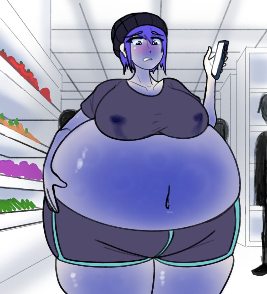 1girls ? beanie belly_expansion belly_inflation big_belly big_breasts blue_eyes blue_hair blue_skin blueberry_inflation breast_expansion cobalt_(cobaltreverie) cobaltreverie crowd grocery_store inflation lactating lactating_juice lactation lactation_through_clothes light-skinned_female nipples nipples_visible_through_clothing shirt shorts skin_color_change skin_turning_blue store supermarket tagme