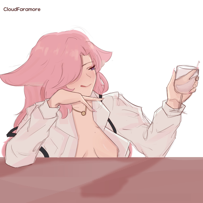 chubby chubby_female cloud_faramore cow_lingerie cow_print cow_print_bikini drinking genshin_impact lactating lactation lactation_through_clothes lesbian_couple mole_on_breast pink_hair purple_eyes purple_hair stretch_marks tongue_out wine_glass yae_miko yuri