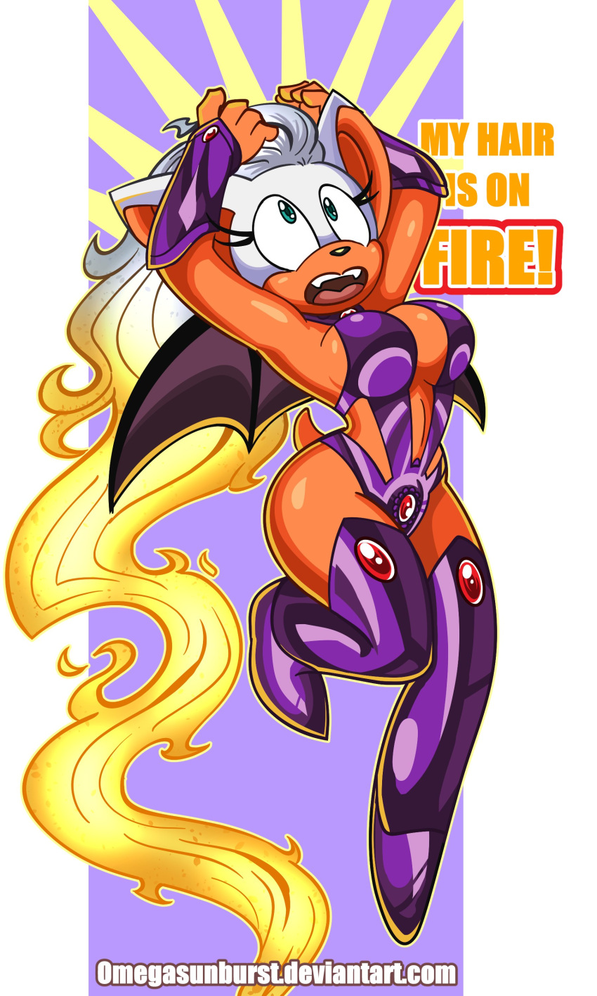 1girls anthro armpits bat bat_ears bat_wings boots breasts cosplay dc dc_comics deviantart_username dialogue fire fire_hair leotard long_hair long_hair_female omegasunburst rouge_the_bat sega sleeves sonic_(series) sonic_the_hedgehog_(series) starfire starfire_(comics) starfire_(cosplay) superheroine tail teen_titans teeth wings