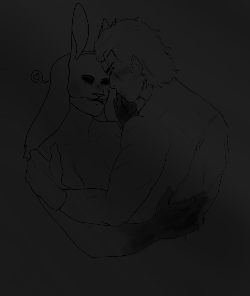 1boy 1boy1girl 1girls after_kiss anna_(dead_by_daylight) blood bloody_hands blush breasts completely_nude couple crossover dead_by_daylight embrace gloves heart holding_chin huntress_(dead_by_daylight) johnny johnny_(tcm) johnny_slaughter mask muscular_female muscular_male rabbit_ears romantic scars slicked_back_hair stain straight texas_chainsaw_massacre the_huntress_(dead_by_daylight) veil wholesome