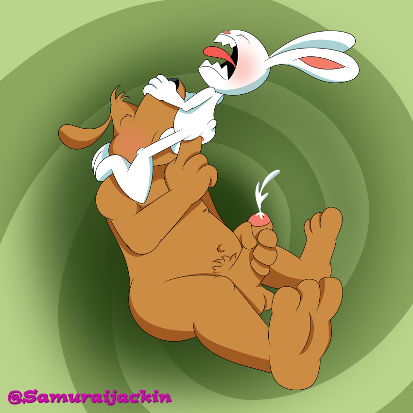 absurd_res anal anal_fingering anthro blush bodily_fluids canid canine canis cum domestic_dog duo face_fucking feet fingering genital_fluids hi_res irrumatio lagomorph leporid lucasarts male male/male mammal masturbation max_(sam_and_max) oral penile rabbit sam_and_max samuel_dog samuraijackin sex telltale_games