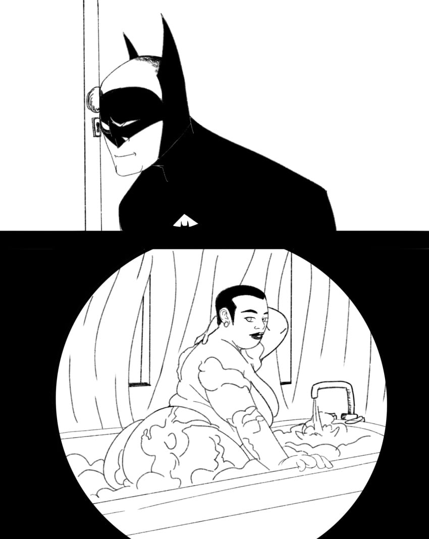 2020 2koma amanda_waller ass bath bathing bathroom bathtub batman bbw big_ass big_butt black_and_white breasts bruce_wayne cowl dc dc_comics dcau foam hair justice_league lips looking_at_viewer mature mature_female mature_woman milf monochrome nude short_hair spying thick_lips water