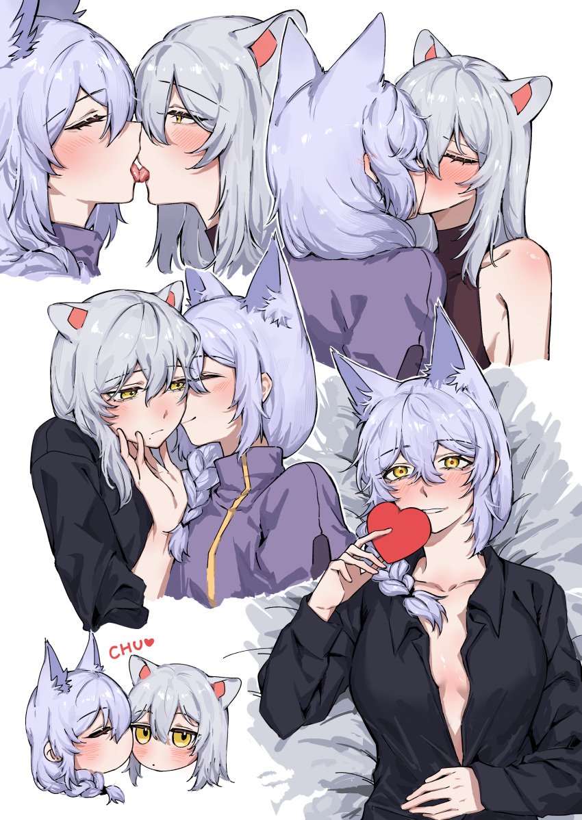 2girls animal_ears arknights bare_back bare_shoulders drlee_lili fang hi_res kemonomimi kissing light-skinned_female light_skin long_hair naked provence_(arknights) scavenger_(arknights) simple_background smile text wolf_ears wolf_girl wolf_tail yellow_eyes yuri