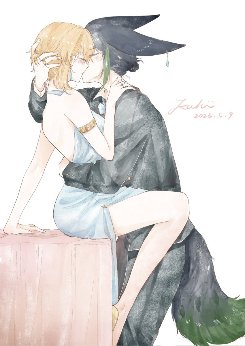 1boy 1girls 2023 animal_ears animal_tail arm_around_waist backless_dress bare_back bare_legs blonde_female blonde_hair dress embrace embracing female fox_boy fox_ears fox_tail genshin_impact hand_in_hair hand_on_head high_slit_dress hugging kissing kukiiqu lumine_(genshin_impact) making_out male male/female passionate_kiss romantic romantic_couple sensual slit_dress straight suggestive tail tighnari_(genshin_impact) wholesome