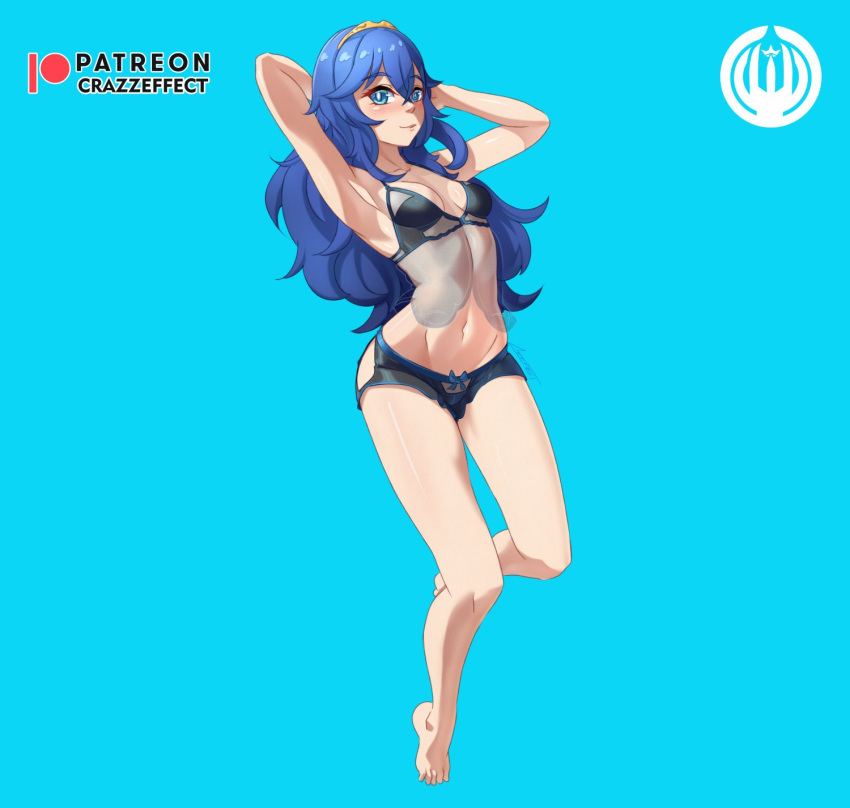 1girls armpits arms_behind_head arms_up bare_legs bare_midriff barefoot black_panties blue_background blue_eyes blue_hair bra breasts crazzeffect female female_only fire_emblem fire_emblem_awakening hair_between_eyes legs lingerie long_hair looking_at_viewer lucina_(fire_emblem) midriff nightgown nintendo panties see-through small_breasts smile solo symbol-shaped_pupils tiara underwear