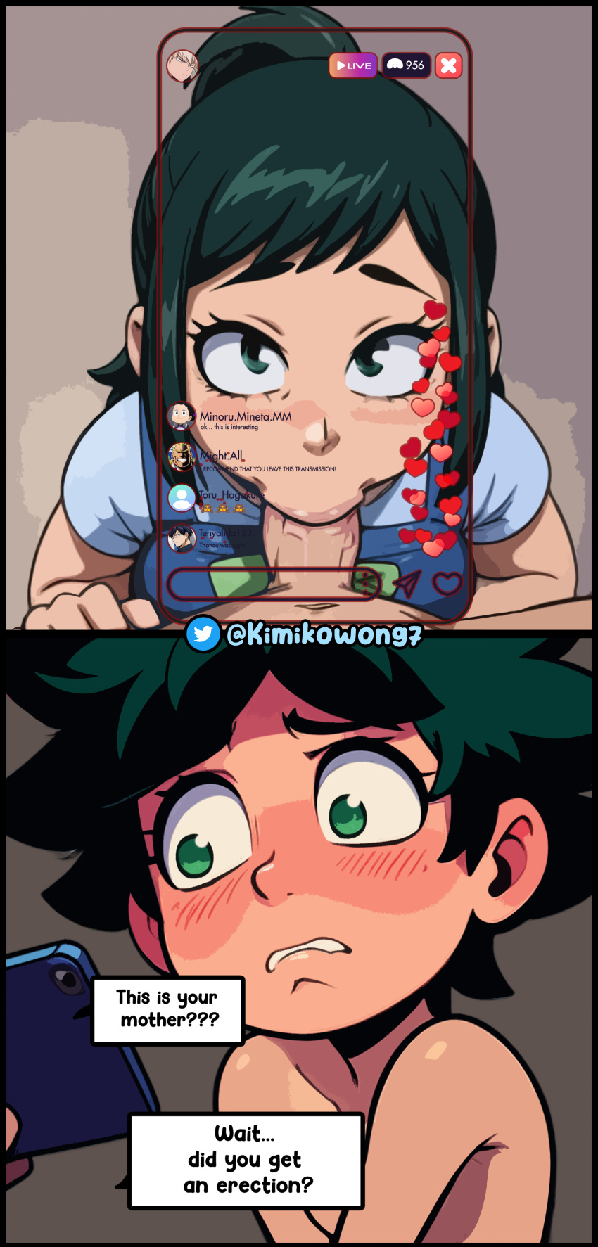 1girls 2boys ai_generated all_might english_text fellatio inko_midoriya instagram kimikowong7 livestream looking_at_viewer midoriya_inko midoriya_izuku minoru_mineta mother motherly_cuckold my_hero_academia netorare phone recording tenya_iida text text_bubble