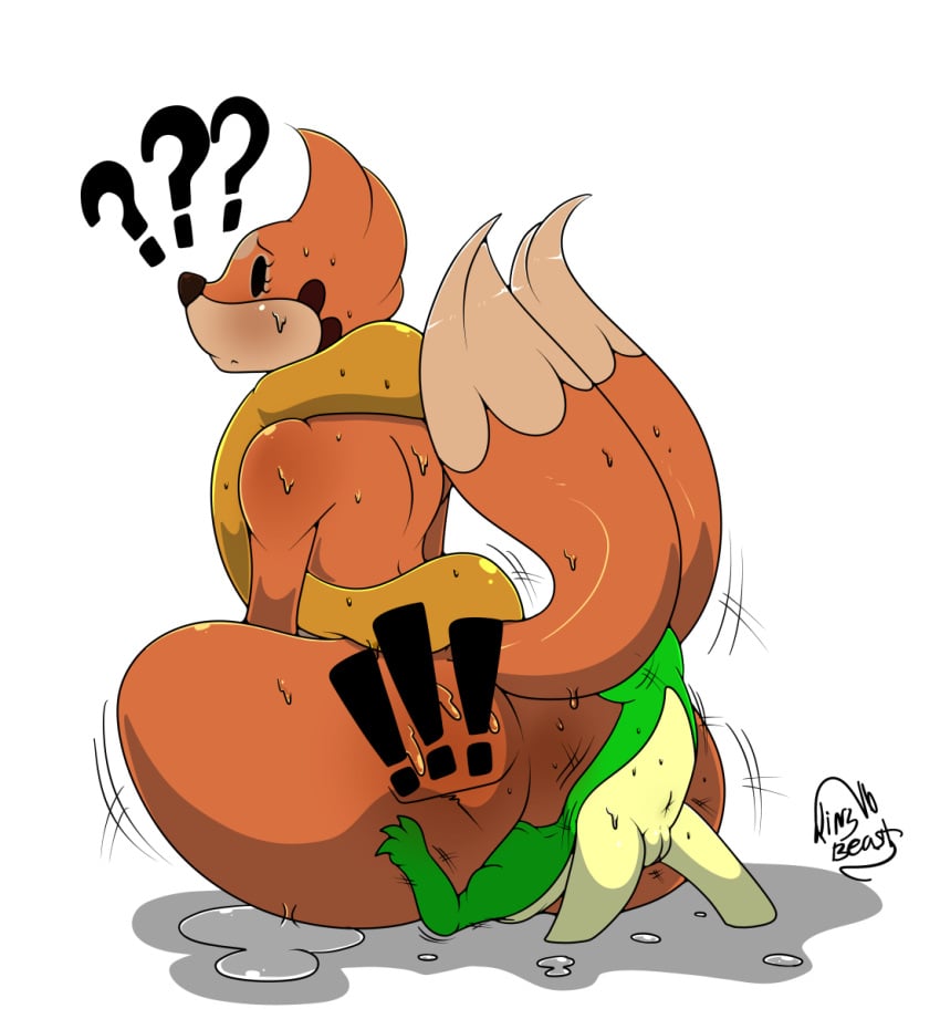 2016 2_tails 3_fingers anthro ass black_nose bodily_fluids duo exclamation_point female female/female fingers floatzel fur generation_4_pokemon generation_5_pokemon genitals green_body green_skin green_tail hi_res kingbeast multi_tail nintendo nude on_top on_top_of orange_body orange_fur orange_tail pokemon pokemon_(species) pussy question_mark simple_background sitting_on_another size_difference snivy sweat tail white_background