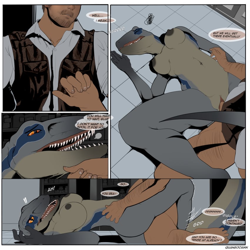 1:1 2023 anthro areola blue_(jurassic_world) bottomless breasts clothed clothing comic dinosaur dromaeosaurid duo female genitals hi_res human human_on_anthro interspecies jurassic_park jurassic_world male male/female male_on_anthro mammal nipples owen_grady penetration penis pussy quangdoann reptile scalie sex theropod universal_studios vaginal_penetration velociraptor