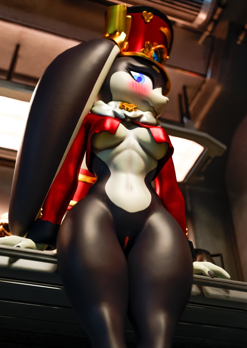 absurd_res anthro black_body blue_eyes breasts clothed clothing digital_media_(artwork) duo embarrassed female fur genitals hi_res honkai:_star_rail humanoid lagomorph leporid mammal mihoyo nude pom-pom_(honkai:_star_rail) pussy rabbit sfxlompad solo white_body