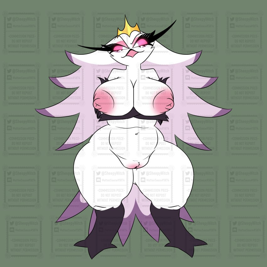 1:1 absurd_res anthro avian big_breasts bird breasts crown distracting_watermark feathers female genitals headgear helluva_boss hi_res huge_breasts muttondraws nipples nude owl pussy solo stella_(helluva_boss) watermark