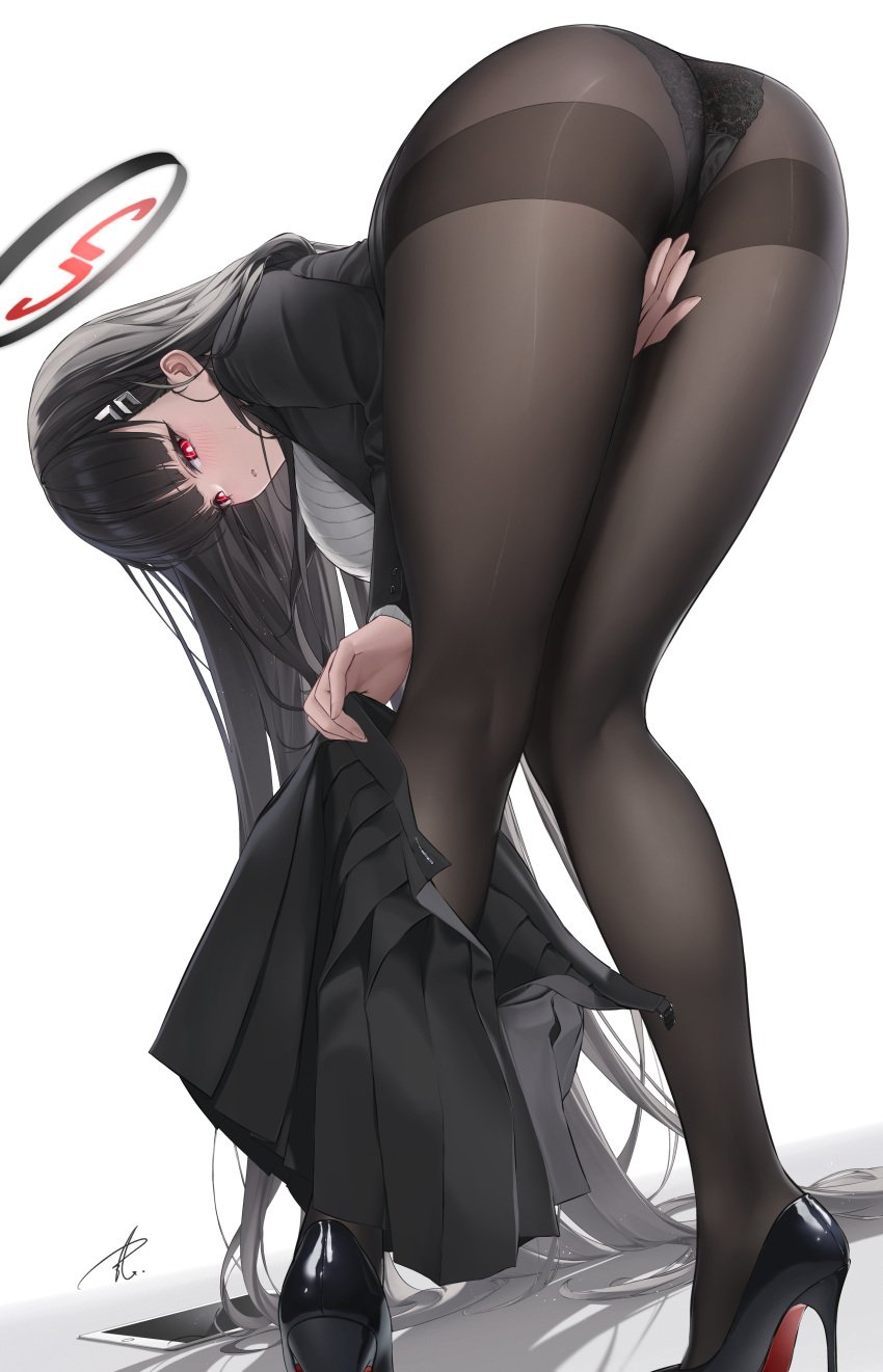 1girls 2d 2d_(artwork) absurdres artist_signature ass bangs bent_over between_legs between_thighs big_breasts black_and_red_halo black_hair black_jacket black_panties black_pantyhose black_skirt black_suit black_underwear blue_archive blunt_bangs blush blush_lines blushing_at_viewer breasts bright_pupils christian_louboutin_(brand) colored_shoe_soles eyebrows_visible_through_hair from_behind full_body hair_behind_ear hair_flowing_over hair_ornament hairclip halo hand_between_legs heels high_heels highres jacket kneepits knees_together_feet_apart lace lace_panties large_breasts light-skinned_female light_blush light_skin long_hair long_legs long_sleeves looking_at_viewer looking_back millennium_science_school_student miniskirt open_clothes open_skirt panties panties_under_pantyhose panties_visible_through_clothing pantyhose parted_lips plaid_skirt pleated_skirt red_eyes ribbed_sweater rio_(blue_archive) seminar_(blue_archive) seminar_president shoe_soles signature simple_background skirt skirt_around_one_leg skirt_removed solo standing stiletto_heels student_council_president suit suit_jacket sweater tablet_pc thighband_pantyhose turtleneck turtleneck_sweater underwear undressing very_long_hair white_background white_pupils white_sweater yabacha