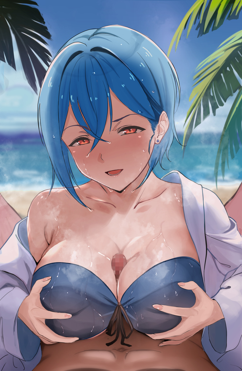 1boy 1girls absurdres beach bikini blue_bikini blue_hair breasts breasts_squeezed_together censored commentary_request dark-skinned_male dark_skin earrings female highres horai_sennkyo jewelry large_breasts light-skinned_female light_skin looking_at_viewer love_live! love_live!_superstar!! mosaic_censoring open_mouth outdoors paizuri paizuri_under_clothes palm_leaf penis pov red_eyes shirt short_hair small_penis straight stud_earrings swimsuit wakana_shiki wet white_shirt