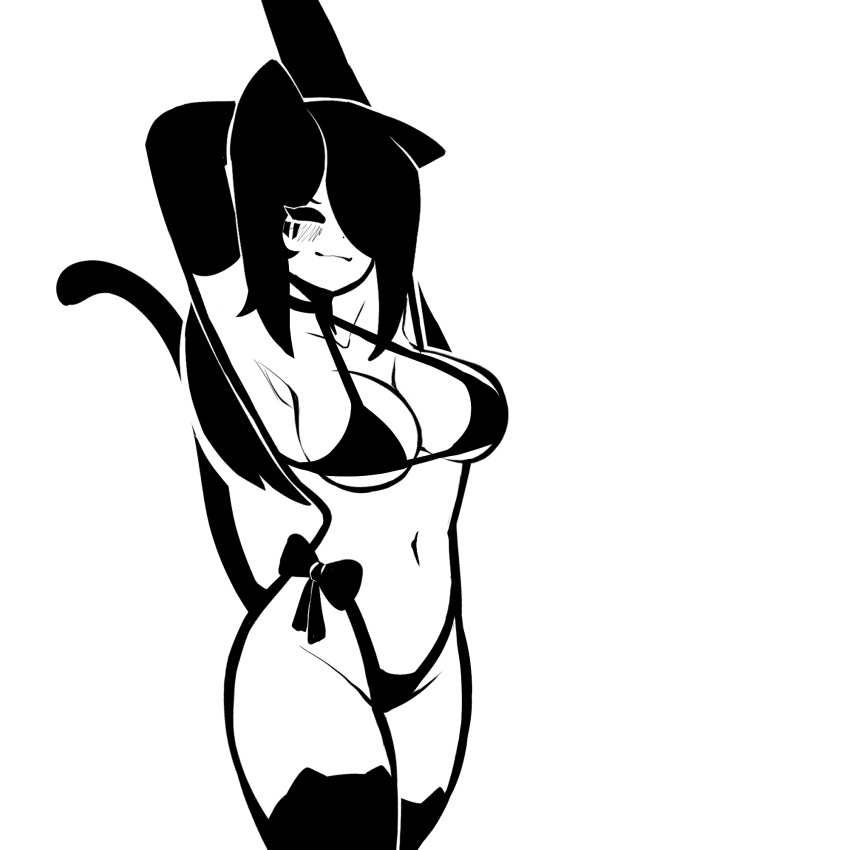 1girls 2023 animal_ears animal_girl armpits bikini black_and_white black_bikini black_hair blush bow_bikini breasts cat_ears cat_tail catgirl cleavage closed_eyes elbow_gloves facial_markings long_gloves long_hair monochrome navel original smile standing stretching tail tekona thighhighs thighs