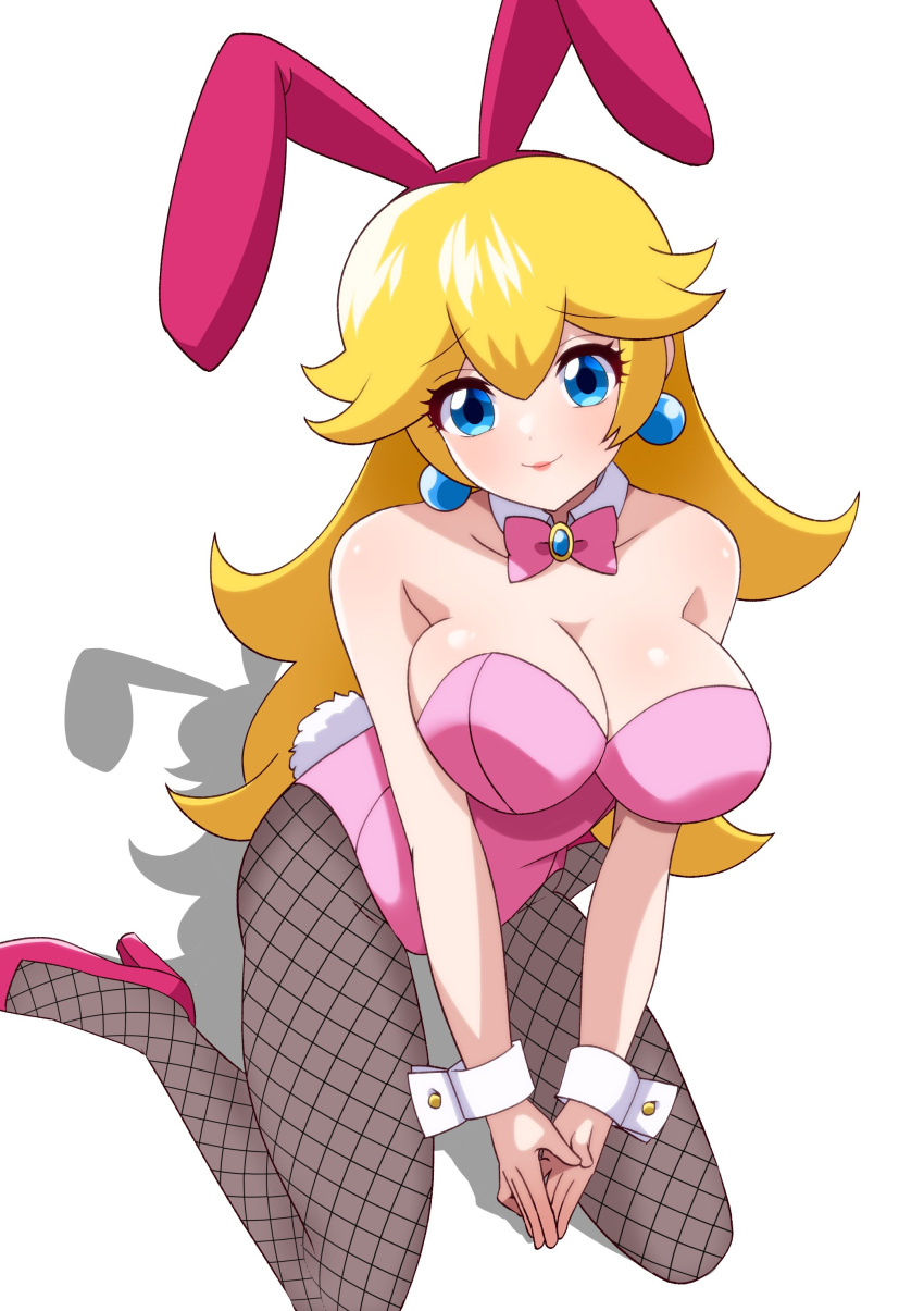 1girls blonde_hair blue_eyes breasts bunny_ears bunny_tail bunnysuit clothed clothed_female dooon_chaaan earrings female female_only fishnets high_heels kneeling knees_together_feet_apart large_breasts looking_at_viewer mario_(series) nintendo princess_peach royalty solo white_background