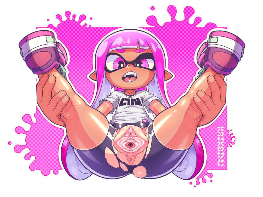 2d anus anus_peek artist_name female female_only flat_chest inkling kaikoinu long_hair looking_at_viewer nsfw pink_eyes pink_hair purple_eyes shorts shortstack solo splatoon spread_legs spread_pussy spreading tan_body tanned tanned_female tanned_skin tennis_shoes torn_clothes watermark