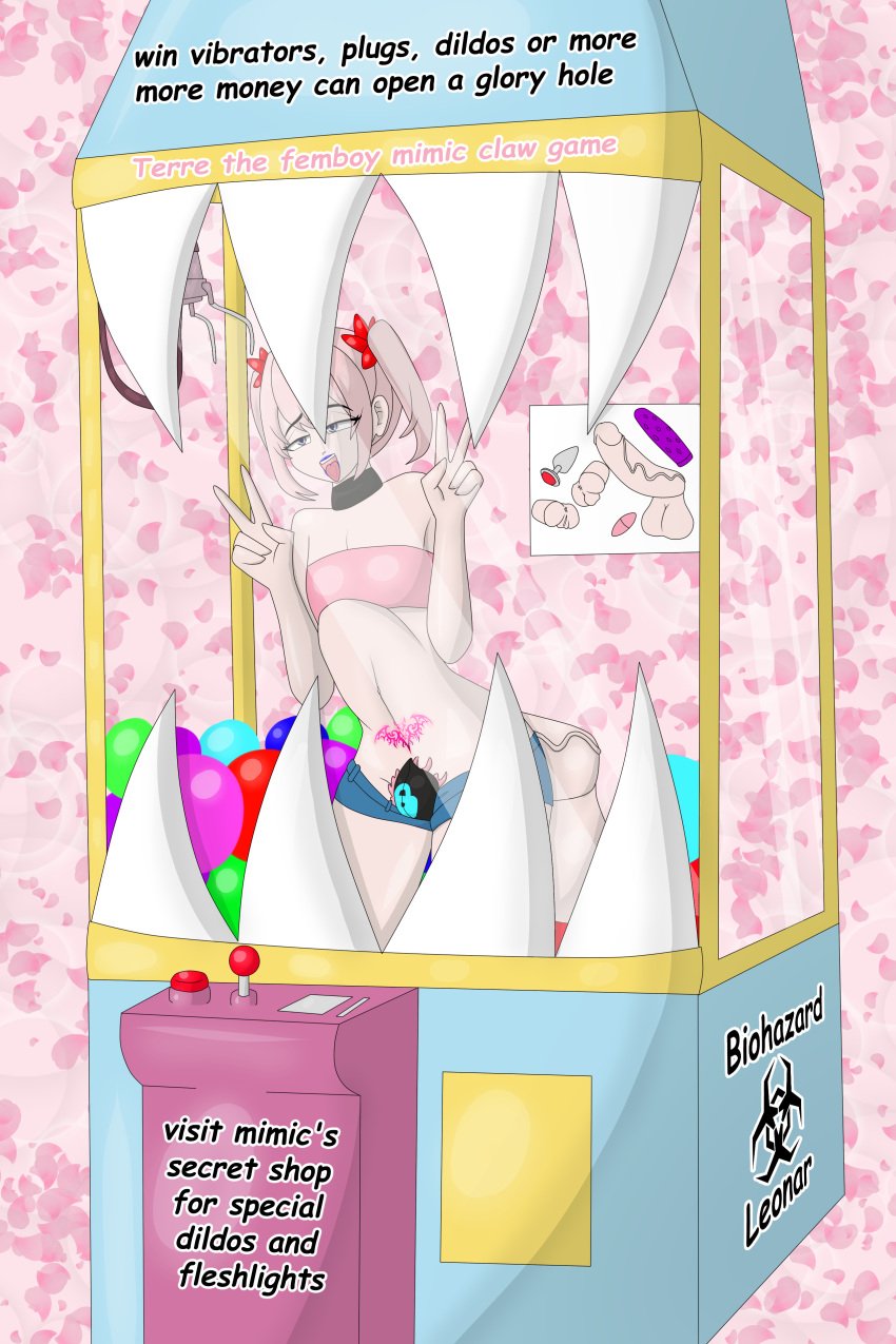 arcade belly_bulge big_dildo biohazardleonar caged caged_cock chastity_cage chastity_device crane_game dildo english_text femboy male mimic pink_hair terre(character) text