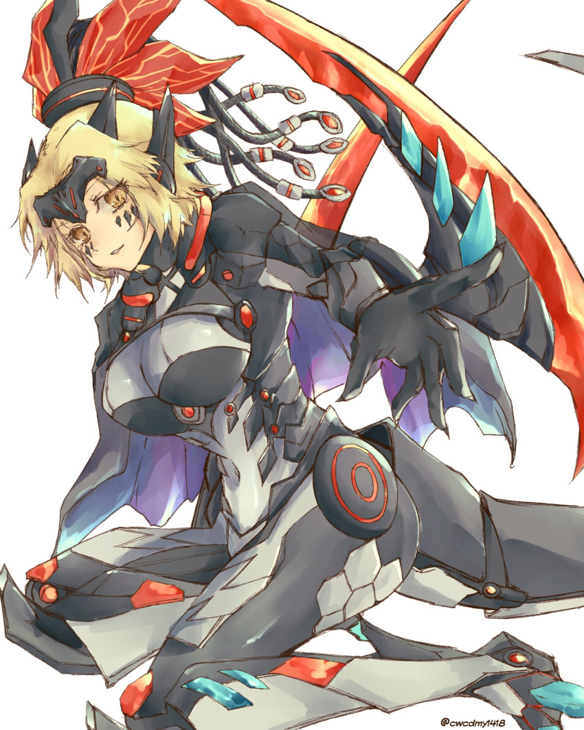 armor armored_bodysuit awesome_sauce black_armor black_bodysuit blonde_hair bodysuit breasts cool_af dinomorphia_kentregina dinosaur_girl duel_monster female hand_up headgear mechanical_tail short_hair tail yu-gi-oh!