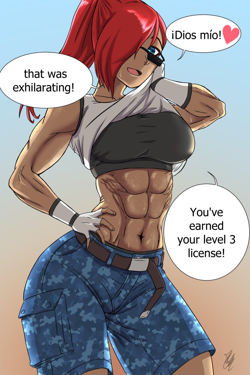 1girls abs belly big_breasts breasts clothed dialogue digital_media_(artwork) english_text female female_abs female_only fossil_fighters human kayserend muscular muscular_female nevada_montecarlo red_hair shades shorts solo_female spanish_text sweaty tagme talking talking_to_viewer tanned tanned_female tanned_skin wiping_sweat