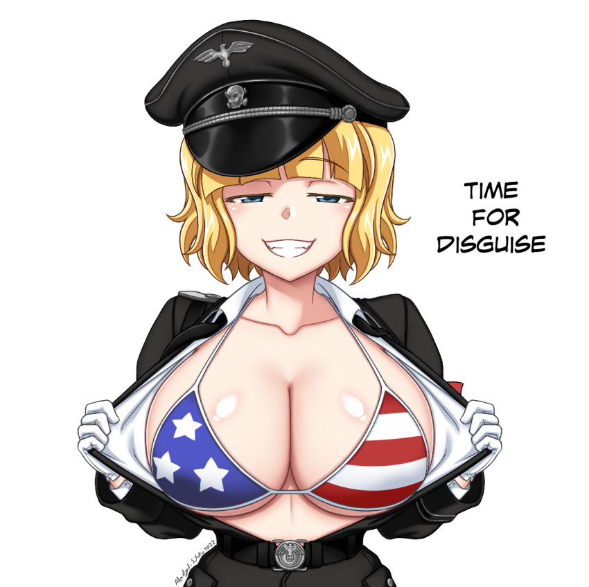 abridged-satoko american_flag_bikini aryana_schütze big_breasts blonde_hair blue_eyes female female_only military_uniform nazi non-nude original peaked_cap short_hair solo solo_female stars_and_stripes white_gloves