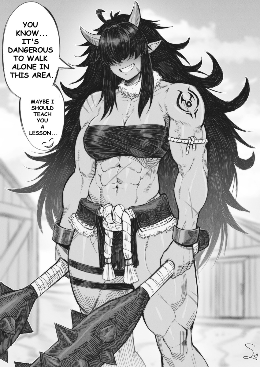 1girls abs absurd_res adonis_belt biceps breasts cleavage clothing club_(weapon) collarbone covered_eyes dialogue dual_wielding english_text eyes_covered female greyscale hair_over_eyes hi_res holding_object horn kanabou leg_wrap long_hair monochrome muscular muscular_female navel oni oni_horns original parted_lips scar signature smile speech_bubble speedl00ver tattoo text thick_thighs vein very_long_hair weapon youkai