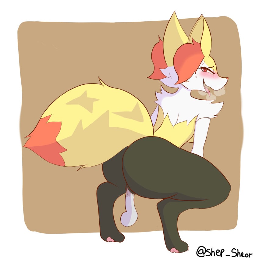 anthro black_body black_fur bodily_fluids braixen breasts canid female fur generation_6_pokemon genitals hi_res male male/female mammal nintendo penetration penis pokemon pokemon_(species) pussy red_eyes sheor sweat yellow_body