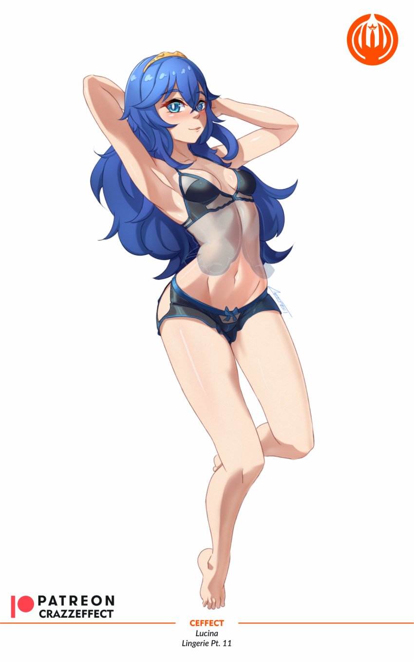 1girls armpits arms_behind_head arms_up bare_legs bare_midriff barefoot black_panties blue_eyes blue_hair bra breasts crazzeffect female female_only fire_emblem fire_emblem_awakening full_body hair_between_eyes legs lingerie long_hair looking_at_viewer lucina_(fire_emblem) midriff nightgown nintendo panties see-through small_breasts smile solo symbol-shaped_pupils tiara underwear white_background