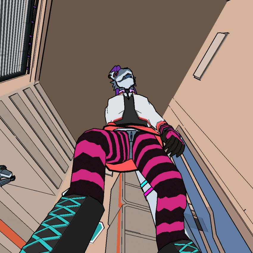 3d animated anthro blue_body blue_scales clothing dripping_pussy female hair hans_lewdington legwear looking_at_viewer looming looming_over low-angle_view micro pattern_clothing pattern_legwear purple_hair scales solo striped_clothing striped_legwear stripes warkun worm's-eye_view