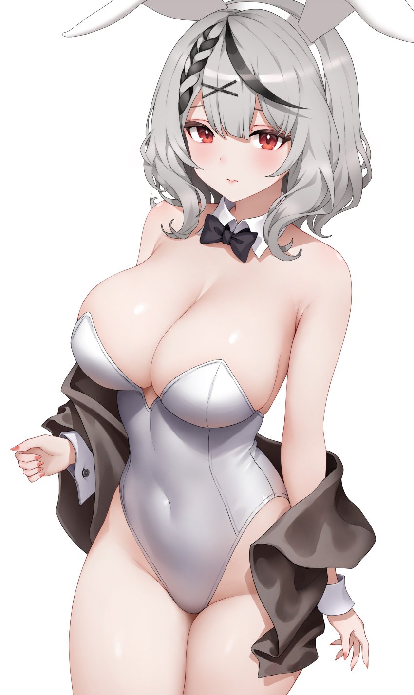 1girls bare_shoulders big_breasts black_hair bowtie breasts bunny_girl bunnygirl collar covered_navel female grey_hair hololive hololive_japan holox large_breasts legs light-skinned_female light_skin multicolored_hair red_eyes sakamata_chloe secon shoulders thick_thighs thighs virtual_youtuber vtuber white_bunnygirl_costume