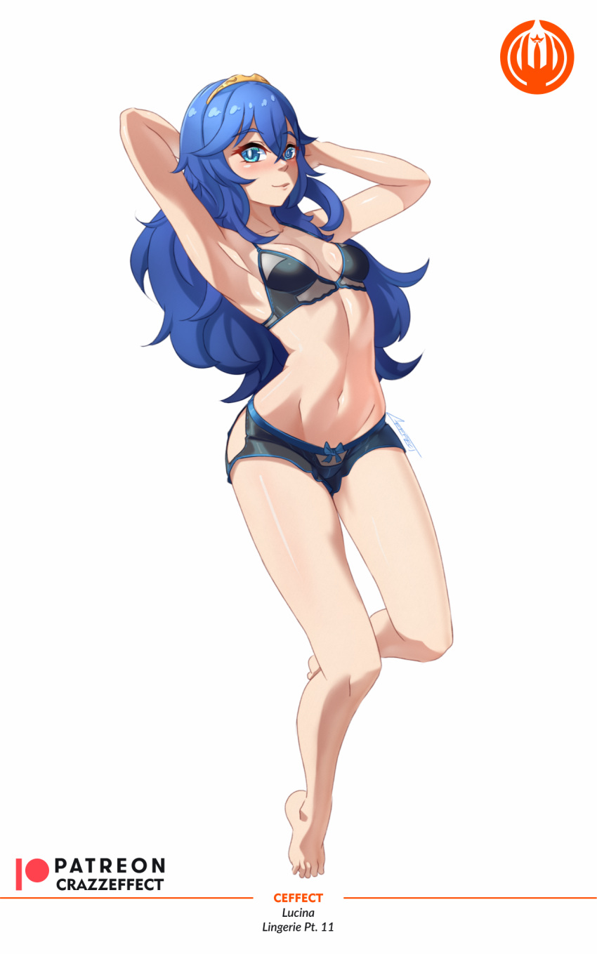 1girls armpits arms_behind_head arms_up bare_legs bare_midriff barefoot black_panties blue_eyes blue_hair bra breasts crazzeffect female female_only fire_emblem fire_emblem_awakening full_body hair_between_eyes legs lingerie long_hair looking_at_viewer lucina_(fire_emblem) midriff nintendo panties small_breasts smile solo symbol-shaped_pupils tiara underwear white_background