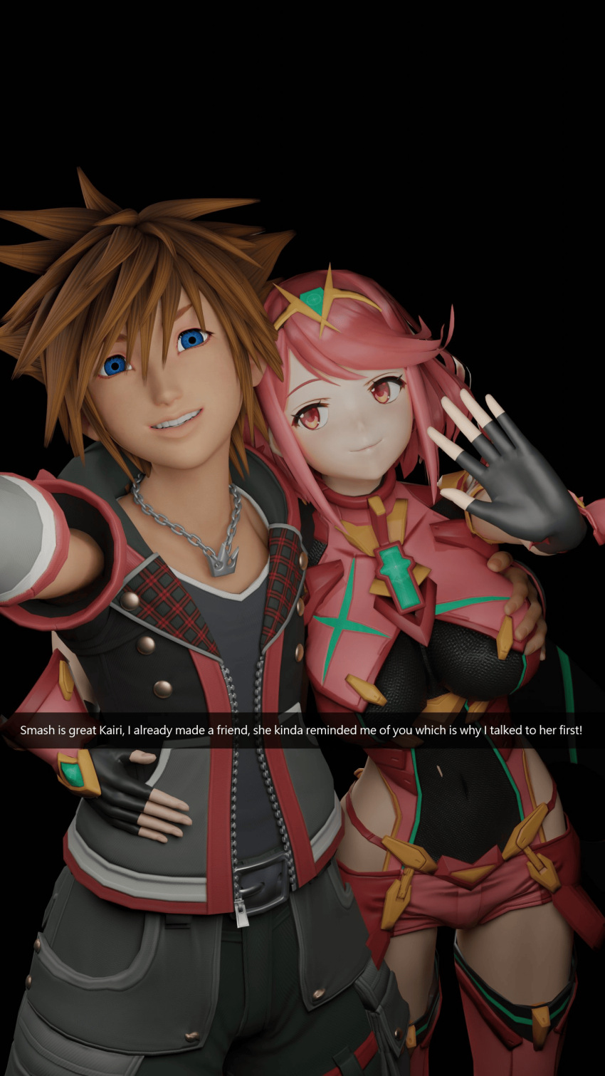 1boy 1girls 3d big_breasts blue_eyes breast_grab breast_squeeze breasts brown_hair cheating core_crystal crossover gloves highres kingdom_hearts looking_at_viewer necklace netorare nintendo older_female pairing pov pyra red_eyes red_hair selfie sfm shorts smile smiling sora sora_(kingdom_hearts) standing straight super_smash_bros. teenager waving xenoblade_(series) xenoblade_chronicles_2 younger_male