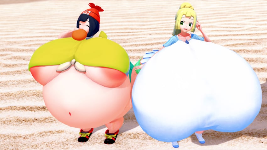 2girls 3d areola_slip areolae belly big_belly big_breasts black_hair blonde_hair breasts eating expansion female food gigantic_breasts huge_belly hyper_breasts inflation jinvin lillie_(pokemon) pokemon selene_(pokemon)