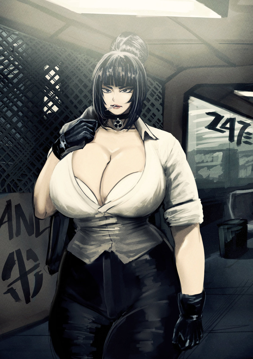 big_ass big_breasts big_thighs black_hair bra choker cigarette gloves hair_bun hime_cut jacket large_ass large_breasts large_thighs long_hair rolled_up_sleeves shion_(tinboryte_oc) thick tied_hair tight_clothes tight_clothing tinboryte white_bra