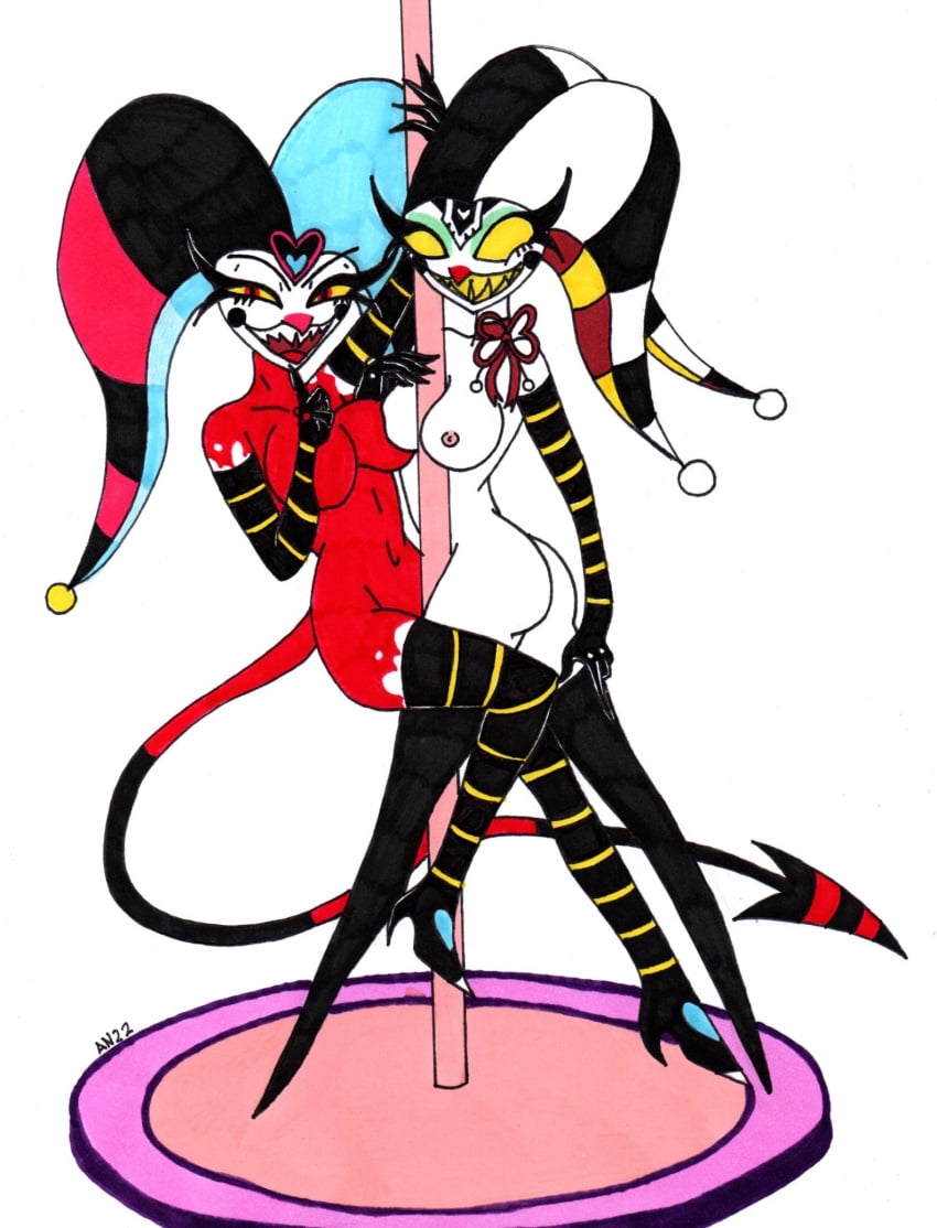 2022 2girls anthro boots breasts clothing collar demon duo empty_eyes fangs female female_fizzarolli female_only fizzarolli_(helluva_boss) footwear genderswap genderswap_(mtf) hair helluva_boss hi_res high_heeled_boots high_heels imp legwear mtf_crossgender multiple_girls nipples open_mouth open_smile robo_fizzarolli rule_63 simple_background skeleslay smile teeth thick_thighs thigh_boots thigh_highs traditional_media_(artwork) white_background white_body yellow_eyes