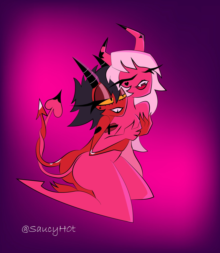 2demons 2girls ass big_breasts big_butt black_hair breasts closed_eyes demon demon_humanoid duo female female/female hair helluva_boss hi_res horn horned_humanoid humanoid imp millie_(helluva_boss) multiple_girls nude open_mouth open_smile pink_body pink_eyes pink_hair red_body red_skin saucyh0t simple_background smile succubus tail tail_wrap text thick_thighs verosika_mayday_(helluva_boss) yellow_eyes