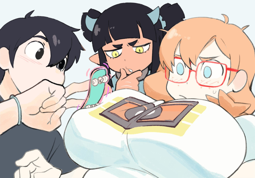 1boy 2girls big_breasts bigger_male blue_eyes blush bracelet cleavage close-up colo female freckles glasses grumpy hell_yea_tech_decks horn jumpsuit kyler_(colo) laying_on_bed long_hair looking_at_object myphia_(colo) observing original ponytail rita_(colo) shirt short_hair silly skateboard skateboard_trick succubus sweet_hex thick_eyebrows tongue tongue_out