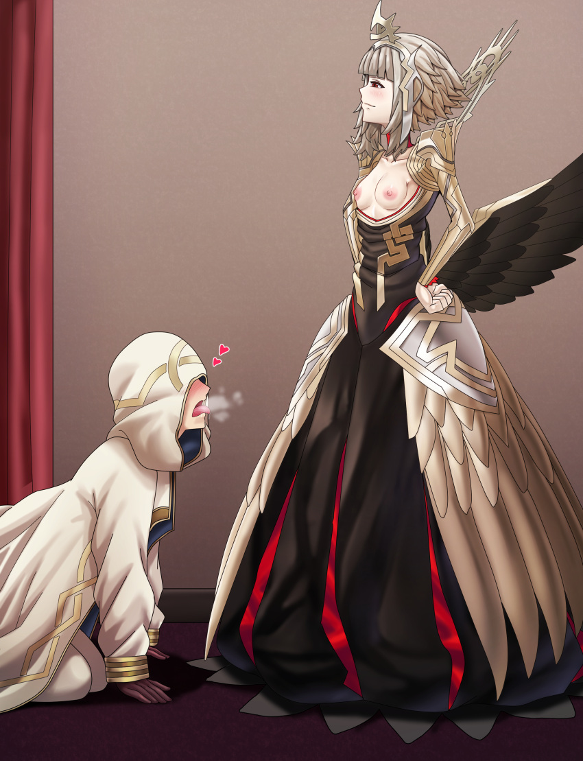 1boy 1girls all_fours alternate_costume alternate_hairstyle bangs begging_pose breasts breasts_out coat confident dress female femdom fire_emblem fire_emblem_heroes gloves grey_hair heart heavy_breathing indoors kiran_(fire_emblem) kiran_(fire_emblem)_(male) kneeling long_sleeves male malesub nintendo nipples official_alternate_costume official_alternate_hairstyle princess red_eyes royalty saikunartworks saliva short_hair small_breasts smile tongue tongue_out veronica_(fire_emblem) veronica_(princess_rising)_(fire_emblem) wings