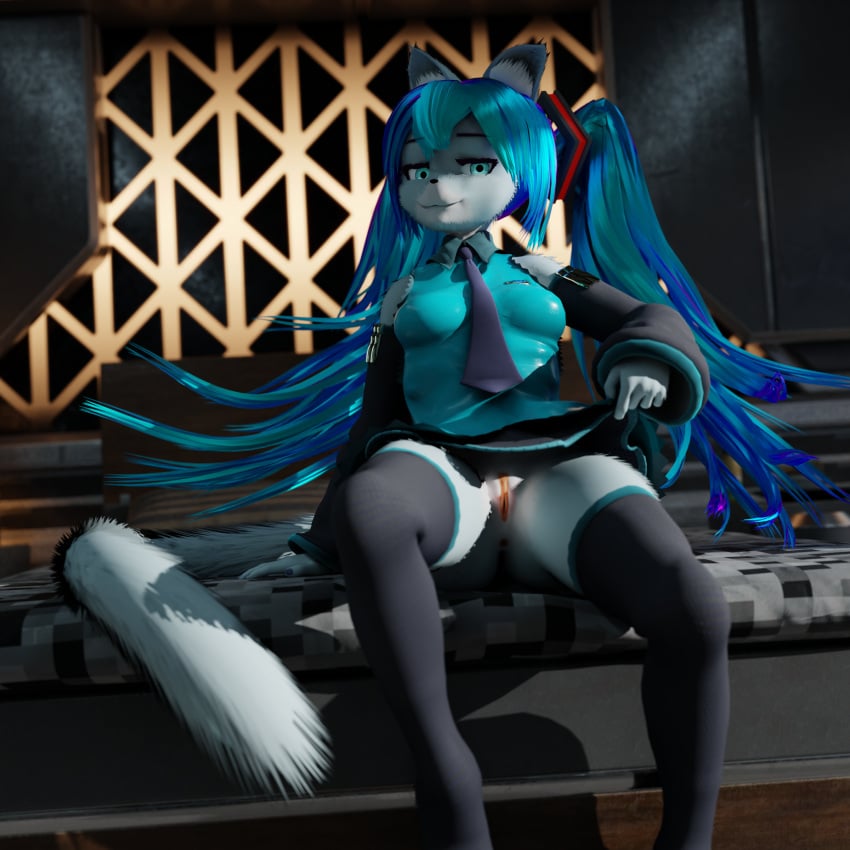 1:1 3d 3d_(artwork) absurd_res anthro attifyon attifyon_(artist) blender_(software) blue_body blue_eyes blue_fur blue_hair digital_media_(artwork) felid feline female fur genitals hair hatsune_miku hi_res mammal presenting pussy solo vocaloid