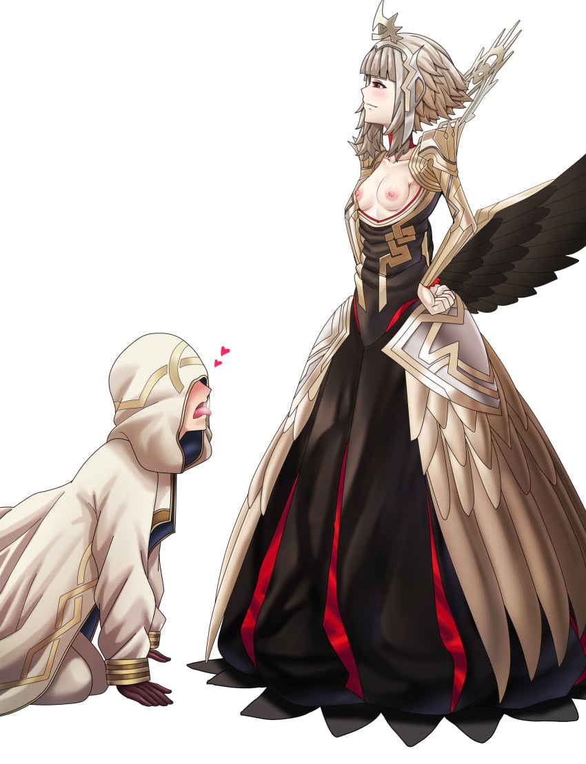 1boy 1girls all_fours alternate_costume alternate_hairstyle bangs begging_pose breasts breasts_out coat confident dress female femdom fire_emblem fire_emblem_heroes gloves grey_hair heart heavy_breathing kiran_(fire_emblem) kiran_(fire_emblem)_(male) kneeling long_sleeves male malesub nintendo nipples official_alternate_costume official_alternate_hairstyle princess red_eyes royalty saikunartworks saliva short_hair small_breasts smile tongue tongue_out veronica_(fire_emblem) veronica_(princess_rising)_(fire_emblem) white_background wings