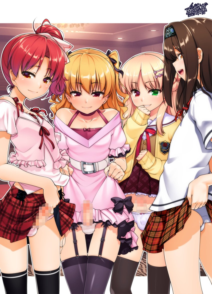 4boys aogiri_penta ass bare_shoulders belt black_bow black_ribbon black_thighhighs blonde_hair border bow bow_panties brown_hair brown_skirt brown_vest camisole cardigan censored choker closed_mouth clothes_lift collarbone commission crossdressing dated dress dress_lift erection femboy garter_straps green_eyes hair_bun hair_ornament hair_ribbon hairband hairclip half-closed_eyes heterochromia highres lifted_by_self long_hair long_sleeves male_focus miniskirt mosaic_censoring multiple_boys naughty_face off-shoulder_dress off_shoulder open_mouth orange_eyes original otoko_no_ko outside_border panties parted_bangs parted_lips penis pink_camisole pink_dress pink_hair pink_panties pixiv_commission plaid plaid_skirt pleated_skirt puffy_short_sleeves puffy_sleeves purple_choker purple_shirt red_eyes red_hair red_ribbon red_skirt ribbon sailor_collar school_uniform shirt short_hair short_sleeves side_ponytail signature skirt skirt_lift sleeves_past_wrists smirk thighhighs two_side_up underwear vest white_belt white_border white_panties white_sailor_collar white_shirt yellow_cardigan yellow_eyes