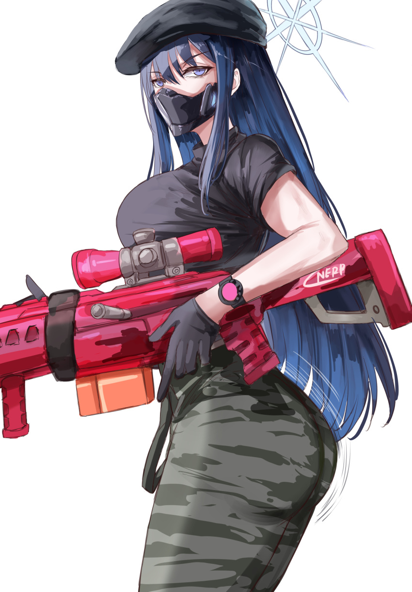 1girls arius_satellite_school_student arius_squad_(blue_archive) ass beret big_weapon blue_archive blue_eyes dark_blue_hair female gun halo i_need_more_bullets ilhamnug large_ass large_weapon long_hair mask meme military_clothing nerf nerf_(toy) nerf_gun saori_(blue_archive) sniper sniper_rifle tagme very_long_hair weapon