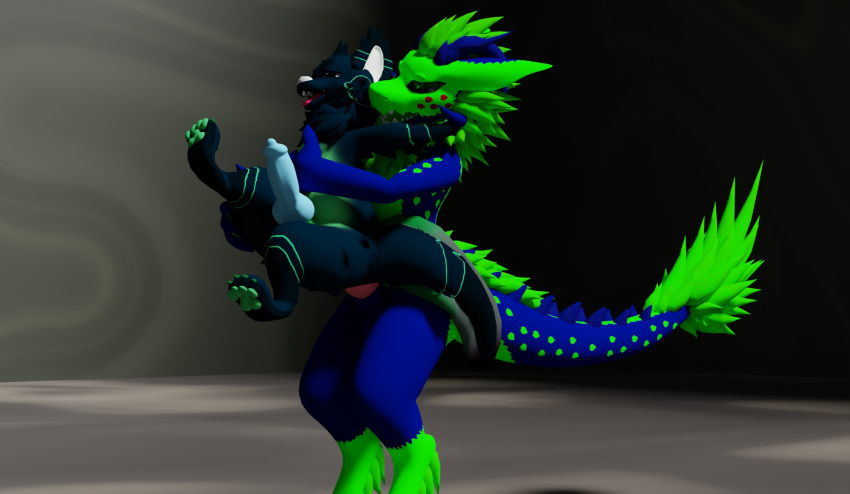 anthro big_penis blender_(software) blender_cycles blue_body blue_fur blue_penis carrying_another carrying_partner duo erection fur genitals green_body green_fur hi_res knot looking_pleasured male male/male open_mouth penetration penis pure_soul_72 size_difference taidum tail tongue tongue_out wickerbeast