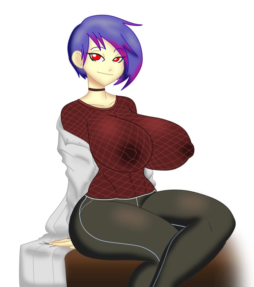 1girls areolae blue_hair breasts crossed_legs fishnet_shirt huge_breasts irck-mre looking_at_viewer multicolored_hair navel nipples pointy_chin purple_hair red_eyes reiduran see-through see-through_clothing short_hair sitting smile sportswear wide_hips