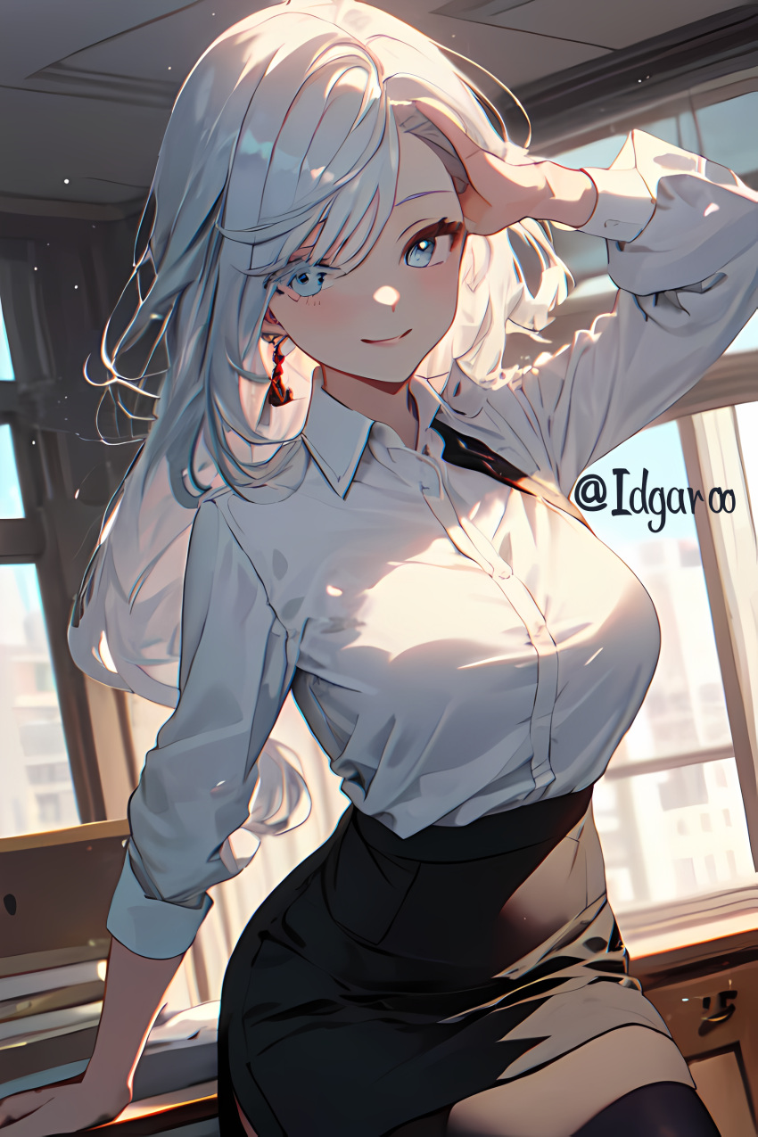 ai_generated black_skirt blue_eyes genshin_impact highres idgaroo light_blue_eyes mihoyo office office_clothing office_lady pantyhose shenhe_(genshin_impact) stable_diffusion white_hair white_shirt