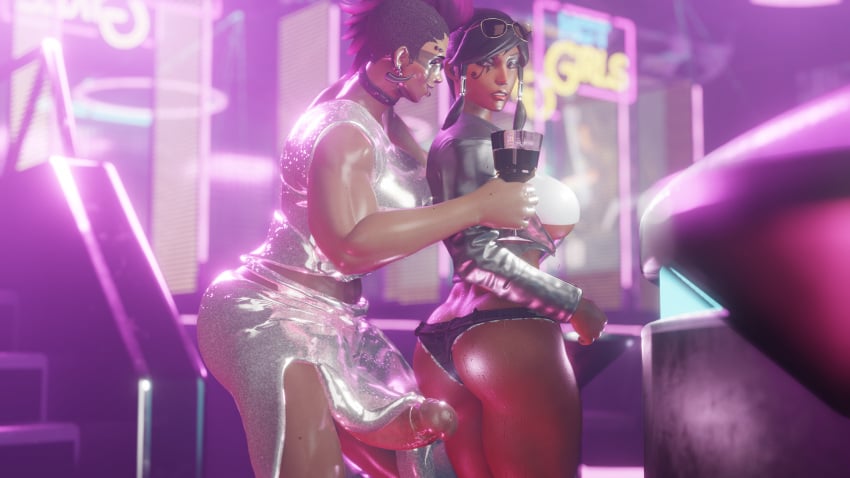 1futa 1girls 3d ass ass_cheeks big_breasts big_penis big_thighs breasts dark-skinned_female dickgirl dress duo erect_penis erection futa_on_female futa_with_female futanari huge_cock junker_queen looking_at_another looking_at_partner looking_back nuttytouch overwatch overwatch_2 party penis penis_under_clothes penis_under_dress pharah shiny_skin smile tan-skinned_futanari