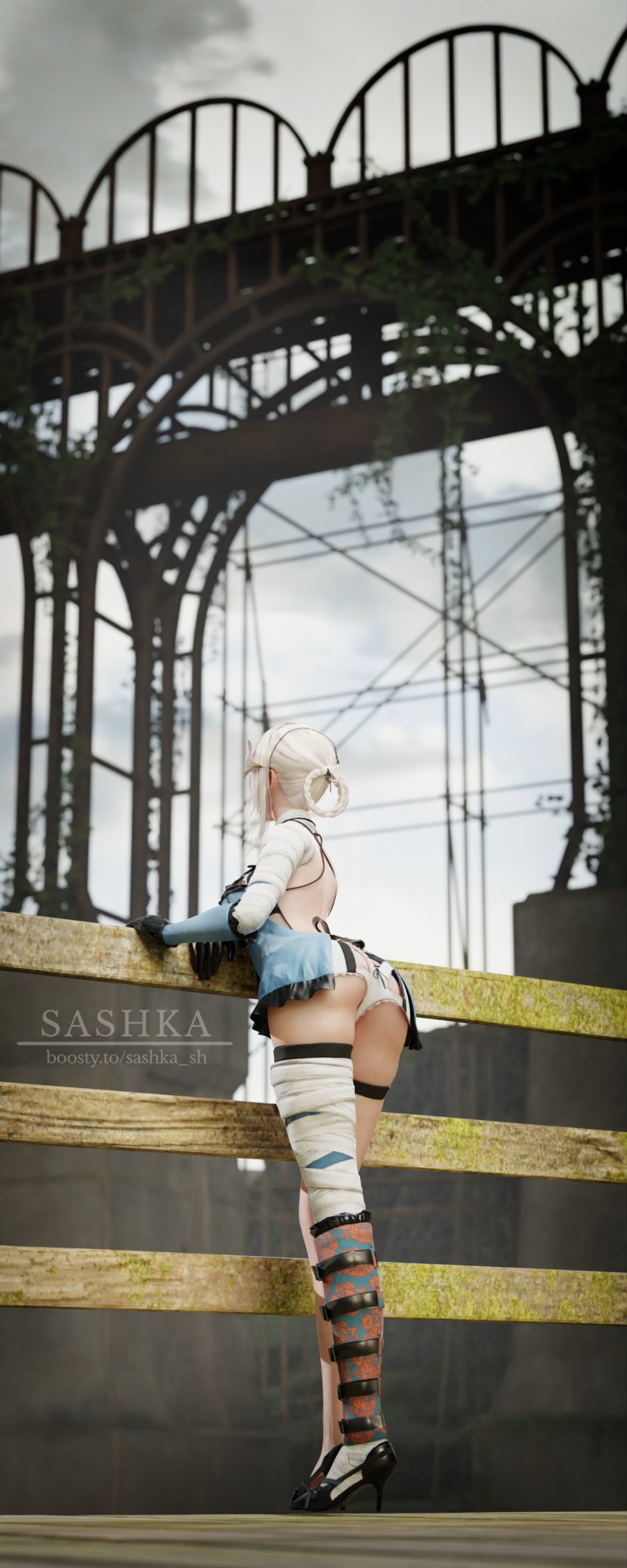 1girls bandage big_butt female_focus heels kaine_(nier) leaning_on_object negligee nier nier_(series) nier_replicant panties sashka scenery solo solo_female standing tagme thighs