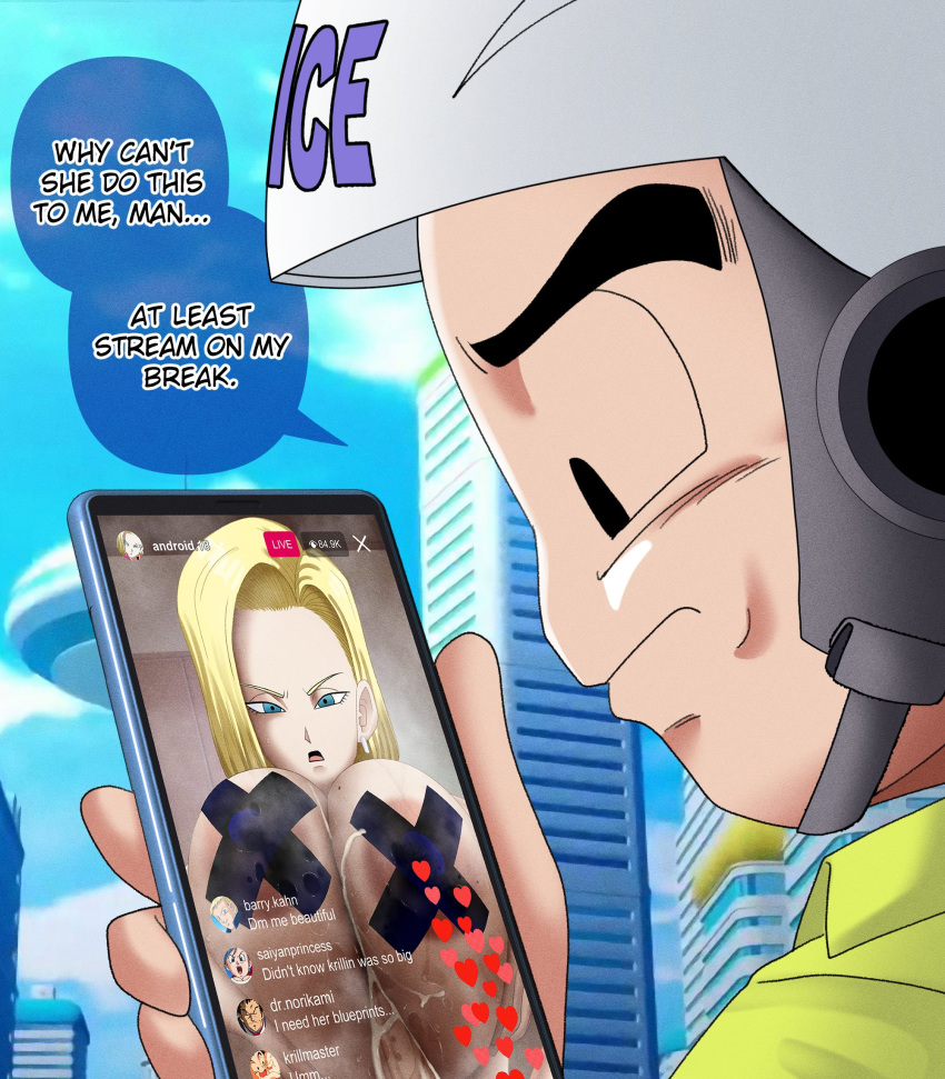 1girls 2boys android_18 areolae blonde_hair blue_eyes bodily_fluids boobjob breasts cheating cheating_wife cuck cuckold cum cum_drip cum_on_breasts dialogue doompypomp dragon_ball dragon_ball_z earrings eyebrows helmet huge_breasts krillin kuririn large_breasts live livestream looking_at_phone looking_down milf nipples paizuri phone phone_screen speech_bubble tape text text_bubble